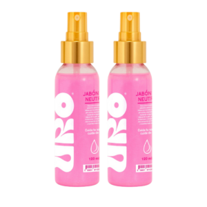 Set de dos frascos de jabón íntimo en spray color rosado con atomizador dorado, presentación de 120 ml cada uno y etiqueta blanca.